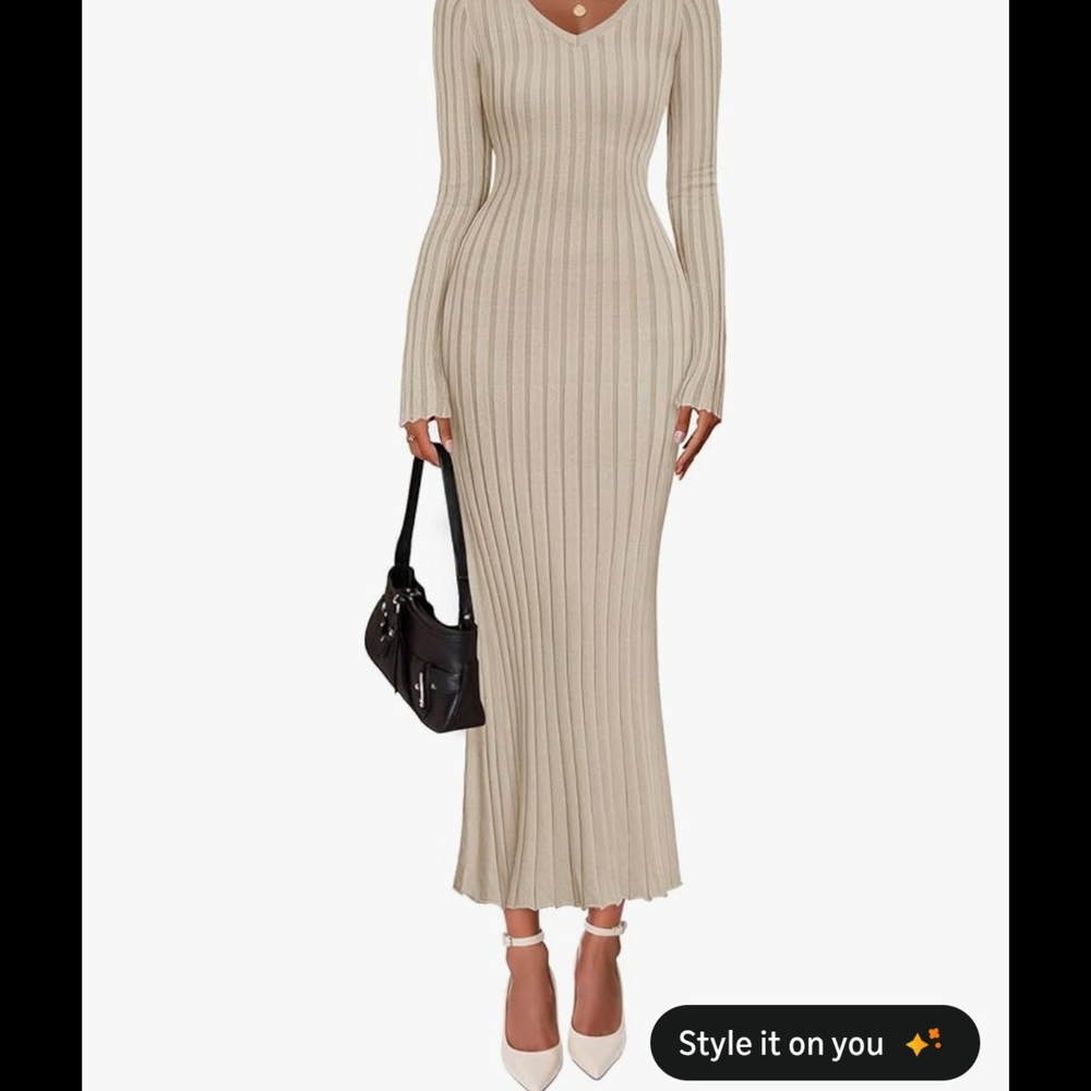 Elegant Beige Ribbed Knit Dress